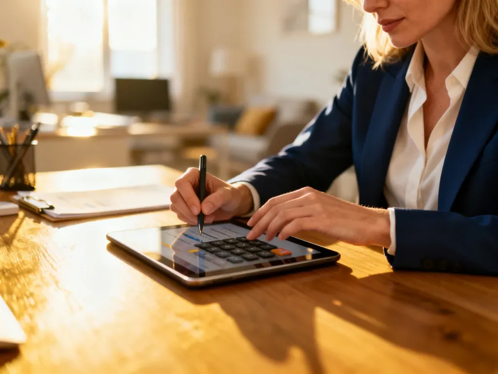 Kobieta przy biurku oblicza finanse na tablecie, sprawdzając wysokość wynagrodzenia netto.