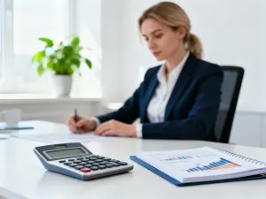 Kobieta pracująca przy laptopie w domowym biurze z kalkulatorem i notatnikiem z wykresami finansowymi na biurku.