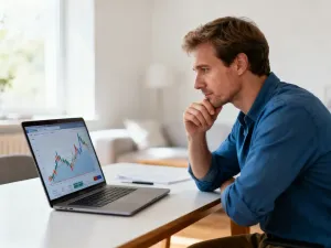 Kobieta analizująca wykresy finansowe na tablecie w nowoczesnym biurze, ilustrująca obliczenia wynagrodzenia netto.