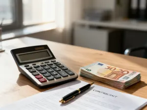 Kobieta przy biurku oblicza finanse na tablecie, sprawdzając wysokość wynagrodzenia netto.