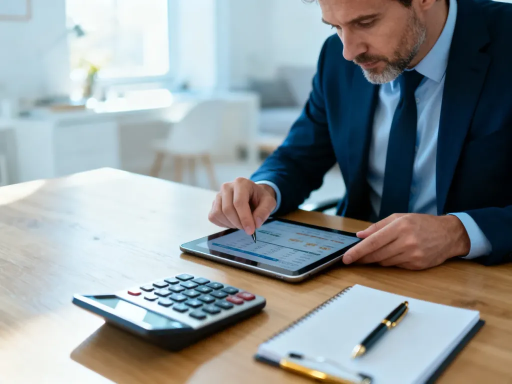 Mężczyzna w domowym biurze oblicza finanse na tablecie, korzystając z kalkulatora i notatnika.