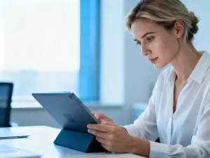 Kobieta w biurze obliczająca finanse na tablecie, ilustrująca proces przeliczania wynagrodzenia brutto na netto.