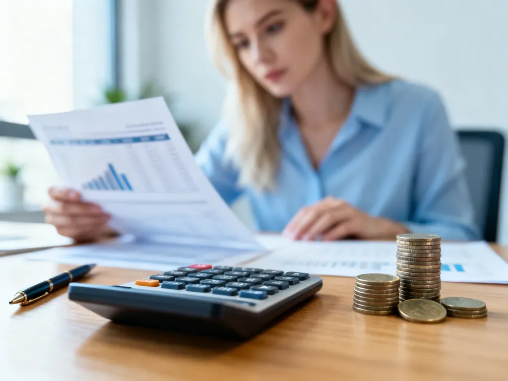 Kalkulator, monety i długopis na biurku oraz skupiona kobieta analizująca dokumenty finansowe w biurze.